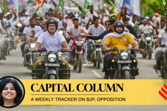 Leader of Opposition in the Lok Sabha Rahul Gandhi and RJD leader Tejashwi Yadav ride motorcycles during the Voter Adhikar Yatra in Bihar