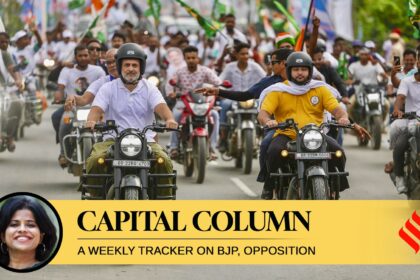 Leader of Opposition in the Lok Sabha Rahul Gandhi and RJD leader Tejashwi Yadav ride motorcycles during the Voter Adhikar Yatra in Bihar