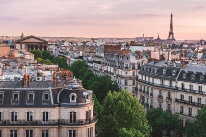 A view across rooftops of the Eiffel Tower in Paris, May 3, 2018.