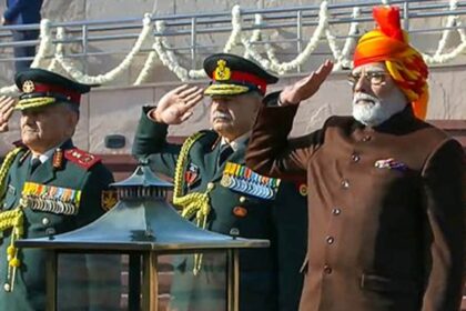 In this screenshot taken from @narendramodi via Youtube Prime Minister Narendra Modi pays homage at the National War Memorial on the occasion of 76th Republic Day, in New Delhi, Sunday, Jan. 26, 2025.