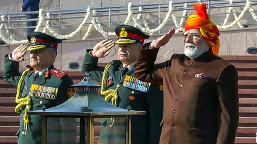 In this screenshot taken from @narendramodi via Youtube Prime Minister Narendra Modi pays homage at the National War Memorial on the occasion of 76th Republic Day, in New Delhi, Sunday, Jan. 26, 2025.