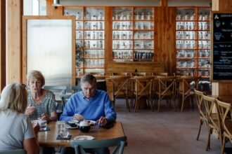 Patrons dine at the restaurant at Arbikie Distillery, near Montrose, Scotland, June 15, 2023. (Robert Ormerod/The New York Times)