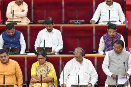 Odisha Chief Minister Mohan Charan Majhi speaks during the first day of Monsoon session of the state Assembly. (PTI Photo)