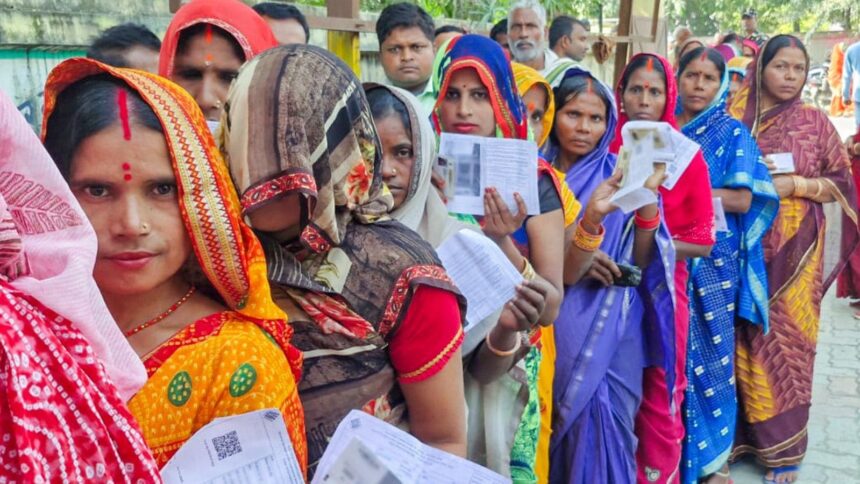 West Champaran, Nov 11 (ANI): Women voters wait in a queue to cast their vote for the second phase of the Bihar assembly election, in West Champaran on Tuesday. (@CEOBiharX/ANI Photo)
