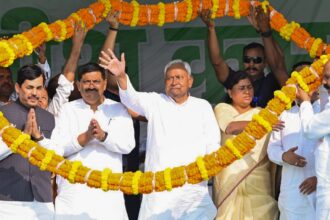 Bihar Chief Minister and JD(U) chief Nitish Kumar during a public rally ahead of the state Assembly polls, at Bhavani pur. (@Jduonline/X via PTI Photo)