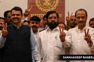Maharashtra Chief Minister Devendra Fadnavis with his deputies Eknath Shinde and Ajit Pawar. (Express file photo by Sankhadeep Banerjee)