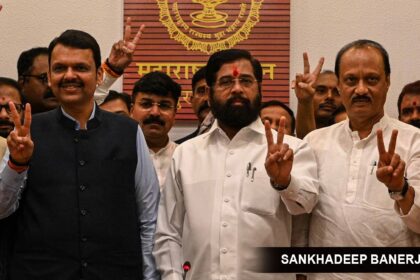 Maharashtra Chief Minister Devendra Fadnavis with his deputies Eknath Shinde and Ajit Pawar. (Express file photo by Sankhadeep Banerjee)