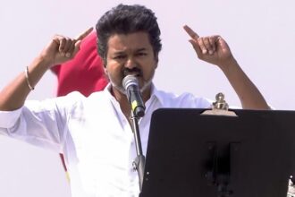 Tamilaga Vettri Kazhagam (TVK) Chief Vijay speaks during a public meeting, in Erode.