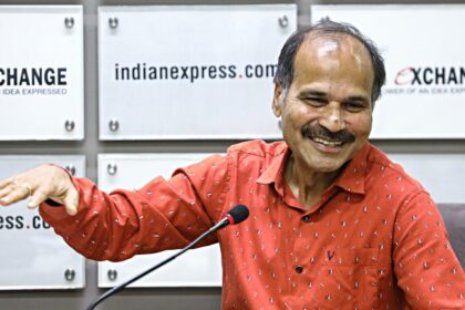 Adhir Ranjan Chowdhury at Indian Express Noida office during Idea Exchange in 2023.