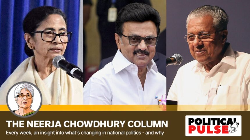 (From left to right) Bengal CM Mamata Banerjee, Tamil Nadu CM and DMK chief M K Stalin and Kerala CM Pinarayi Vijayan.