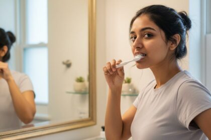 Woman brushing teeth