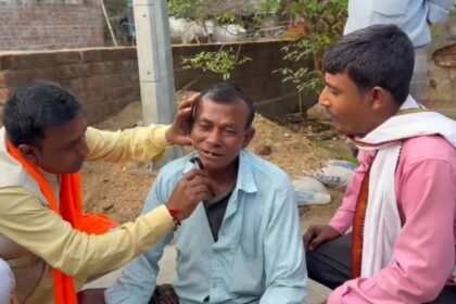 BJP’s Dubrajpur MLA Anup Kumar Saha takes on the role of a barber while on the campaign trail. (Express Photo)