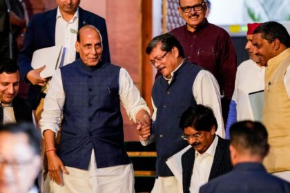 Union Defence Minister Rajnath Singh, Congress MPs Mukul Wasnik and Tariq Anwar, Samajwadi Party (SP) MP Dharmendra Yadav and others leave after the all-party meeting convened by the government to discuss the ongoing West Asia crisis