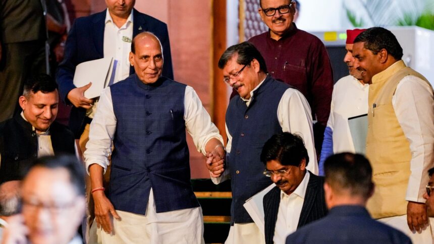 Union Defence Minister Rajnath Singh, Congress MPs Mukul Wasnik and Tariq Anwar, Samajwadi Party (SP) MP Dharmendra Yadav and others leave after the all-party meeting convened by the government to discuss the ongoing West Asia crisis