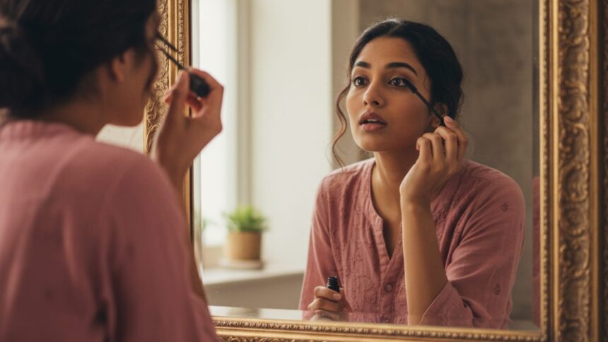 A woman applying mascara in front of the mirror