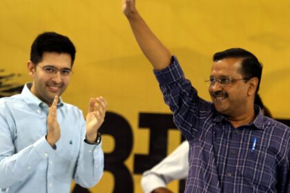Former AAP leader Raghav Chadha with AAP national convener Arvind Kejriwal