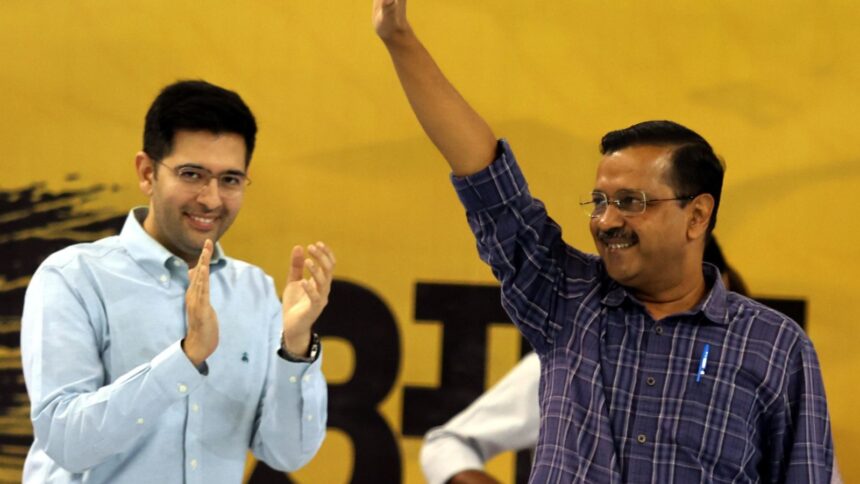 Former AAP leader Raghav Chadha with AAP national convener Arvind Kejriwal