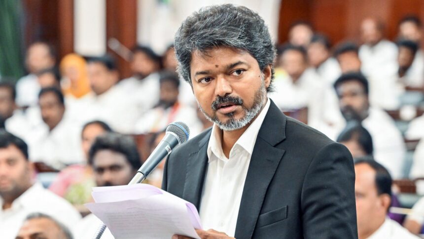 Tamil Nadu Chief Minister Vijay speaks at the Tamil Nadu Legislative Assembly