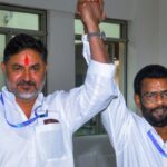 Congress candidate Pranav Jha, left, with Jharkhand Mukti Morcha (JMM) candidate Baidyanath Ram after they cast their votes during the Rajya Sabha elections, at Jharkhand Assembly. (PTI Photo)