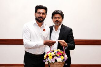 Tamil Nadu Chief Minister C Joseph Vijay (right) with Human Resources Management Minister D Sarath Kumar. (Special Arrangement, enhanced with AI)