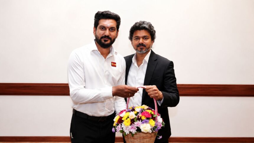 Tamil Nadu Chief Minister C Joseph Vijay (right) with Human Resources Management Minister D Sarath Kumar. (Special Arrangement, enhanced with AI)