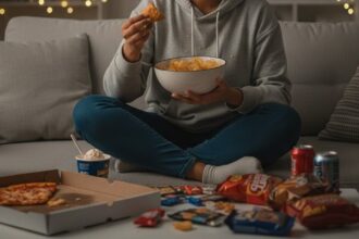 A woman indulging in late night eating that contributes to fatty liver