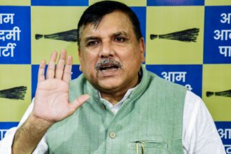 AAP leader and Rajya Sabha MP Sanjay Singh addresses a press conference at the party office
