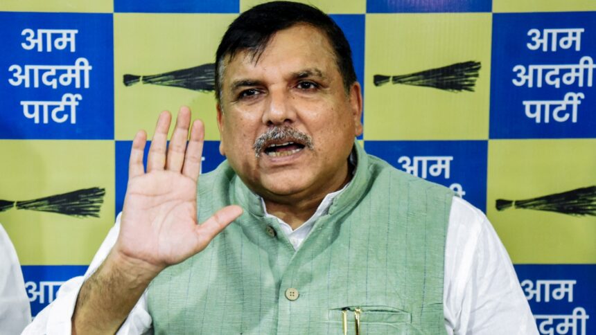 AAP leader and Rajya Sabha MP Sanjay Singh addresses a press conference at the party office