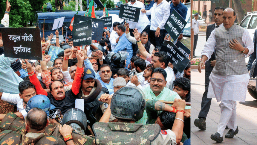 'Anger created to mislead young people': Rajnath slams Congress, Bharatiya Janata Party holds counter demonstration