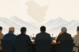 Illustration representing talks between the Centre and Ladakh civil society groups over the proposed expansion of Autonomous Hill Development Councils and the region's representative governance framework. (Image generated using AI)