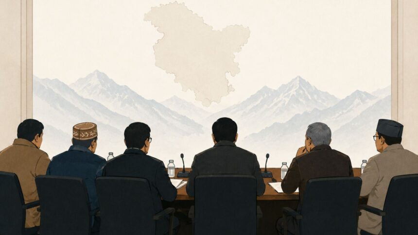 Illustration representing talks between the Centre and Ladakh civil society groups over the proposed expansion of Autonomous Hill Development Councils and the region's representative governance framework. (Image generated using AI)