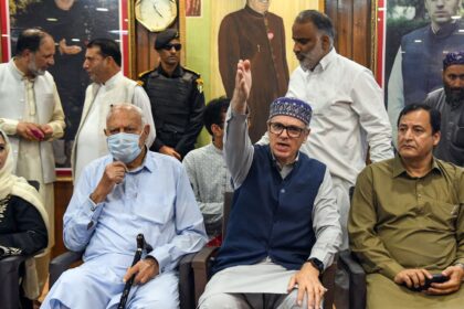 Srinagar, Jul 08 (ANI): Jammu and Kashmir Chief Minister Omar Abdullah, along with Jammu and Kashmir National Conference (JKNC) President Farooq Abdullah, speaks during an event as ex-District Development Council (DDC) Chairperson Baramulla Safina Baig (E-L) joins the National Conference, in Srinagar on Wednesday. (ANI Photo)