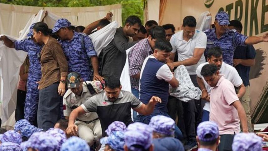Activist Sonam Wangchuk, who has been on an indefinite hunger strike for 21 days, is shifted to a hospital from Jantar Mantar, in New Delhi. (PTI Photo)